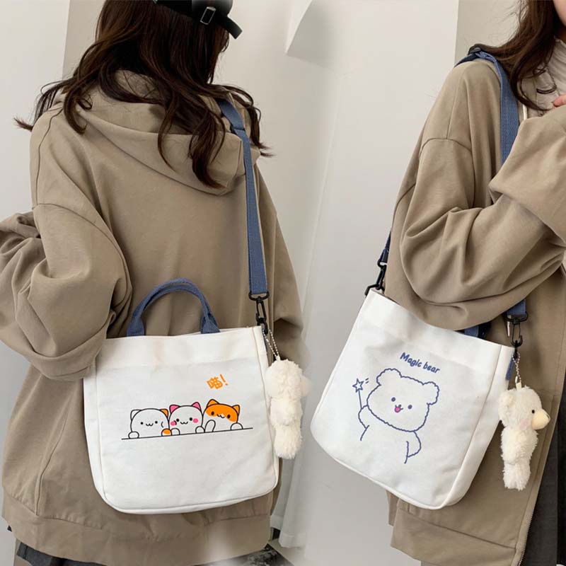 Túi Đeo Chéo Vai Bằng Vải Canvas In Họa Tiết Hoạt Hình Dễ Thương Phong Cách Hàn Quốc Thời Trang Cho Nữ