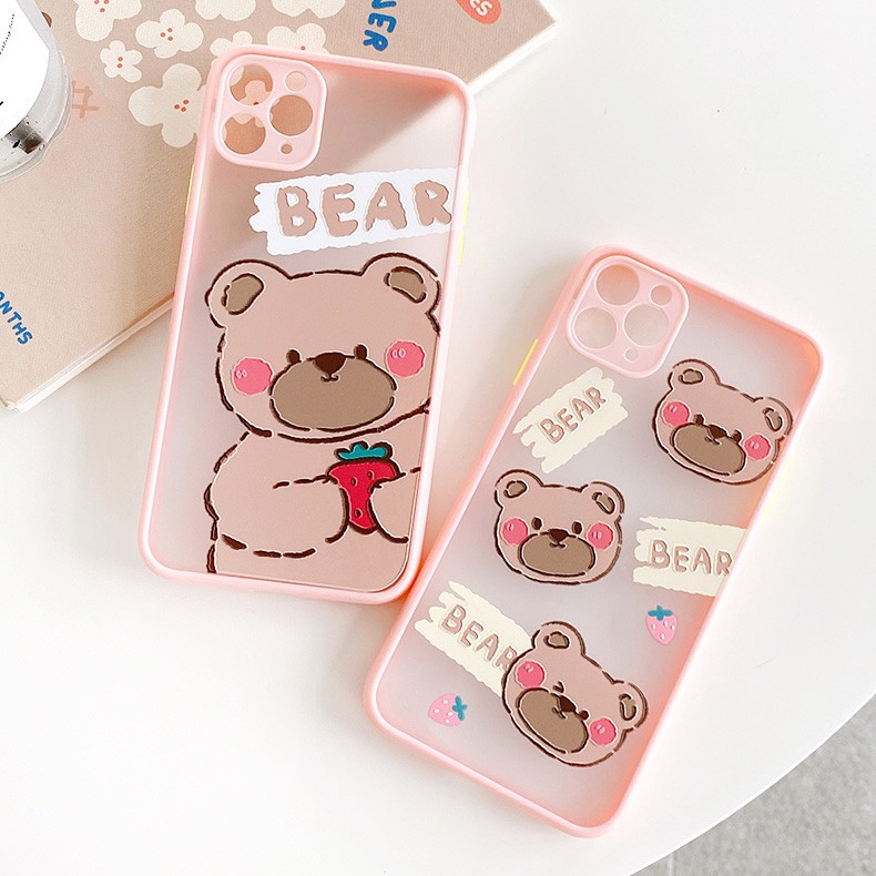 Ốp lưng iphone Bear hồng nhám viền nổi cong 5/5s/6/6plus/6s/6splus/7/7plus/8/8plus/x/xr/xs/11/12/pro/max/plus/promax
