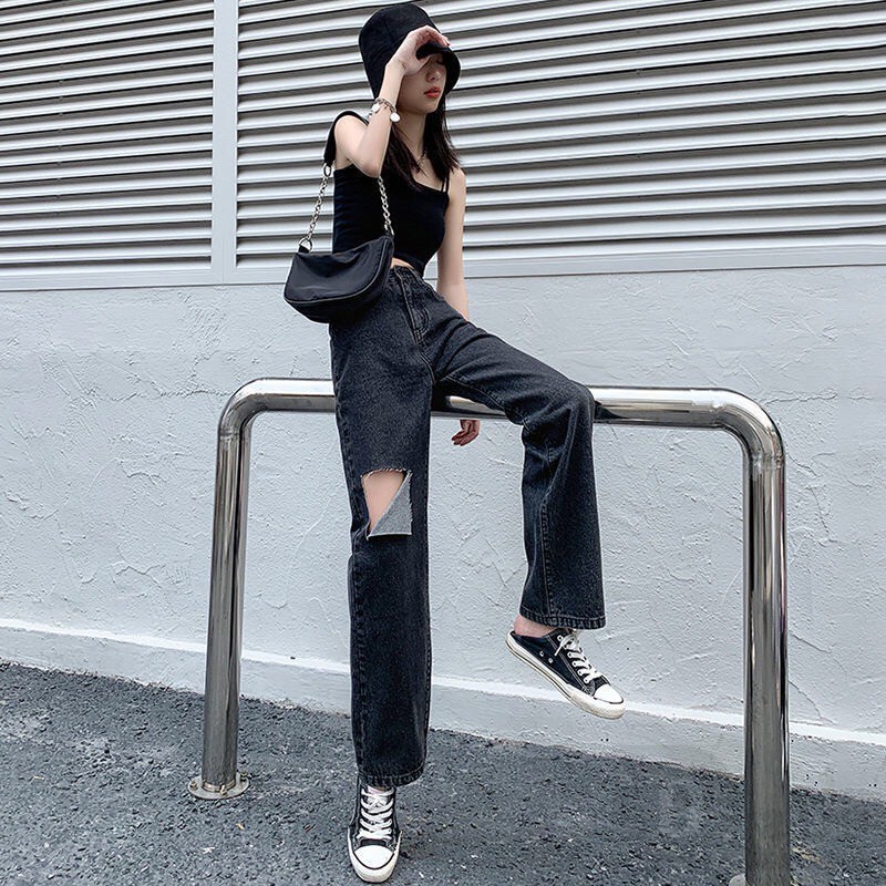 Quần jean Daduhey lưng cao ống rộng cá tính thời trang cho nữ