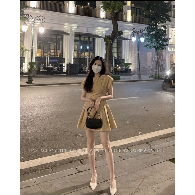 Váy thô chiết eo dáng xoè vai vuông, Đầm thô tay hến 2022 - Dorita Boutique