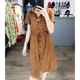 Đầm suông sọc 2 màu thắt nơ eo