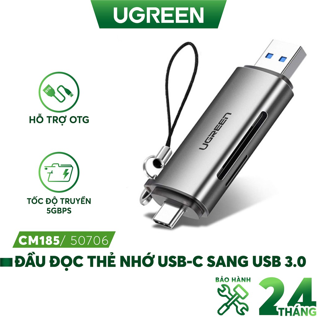 Đầu đọc thẻ USB type C với 2 khe thẻ cắm SD và OTG UGREEN CM184 CM185 - Hàng phân phối chính hãng - Bảo hành 18 tháng