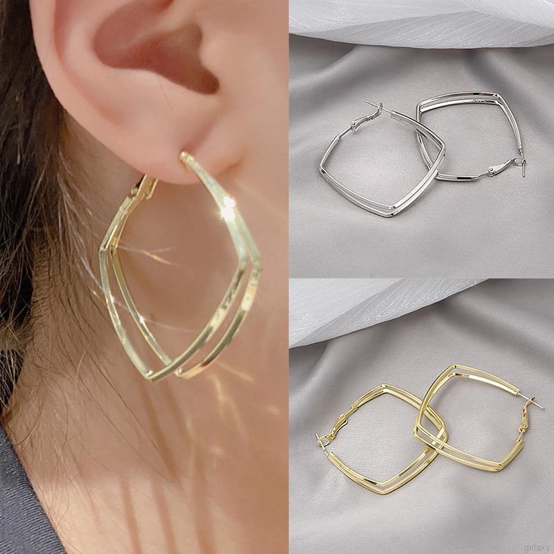 Khuyên tai kim loại hai lớp hình vuông đính đá phong cách hàn quốc