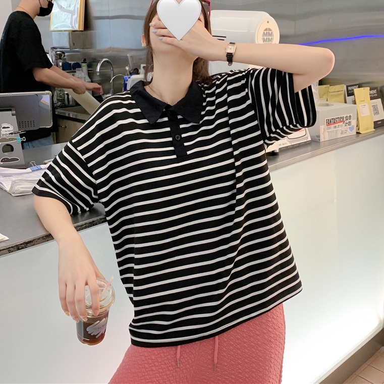 SUXI Áo polo Ngắn Tay Họa Tiết Kẻ Sọc Đen Trắng Phong Cách Vintage Dễ Phối Đồ