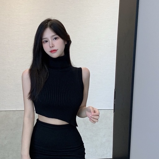 Áo dệt kim không tay cổ lọ màu sắc đơn giản thời trang cho nữ