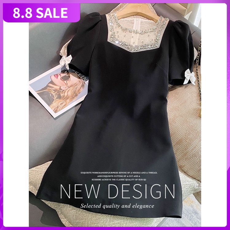 French dress Women's 2022 Summer New Design sense Bowknot bubble sleeve heavy industry diamond-encrusted spliced skinny skirt