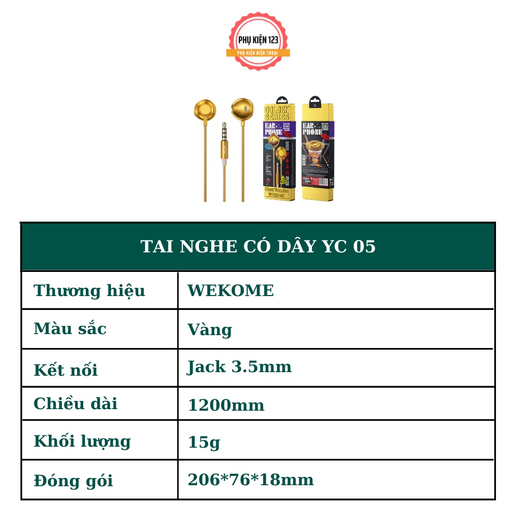 Tai nghe có dây Wekome YC05 jack 3.5mm tích hợp đàm thoại, nghe nhạc, chơi game