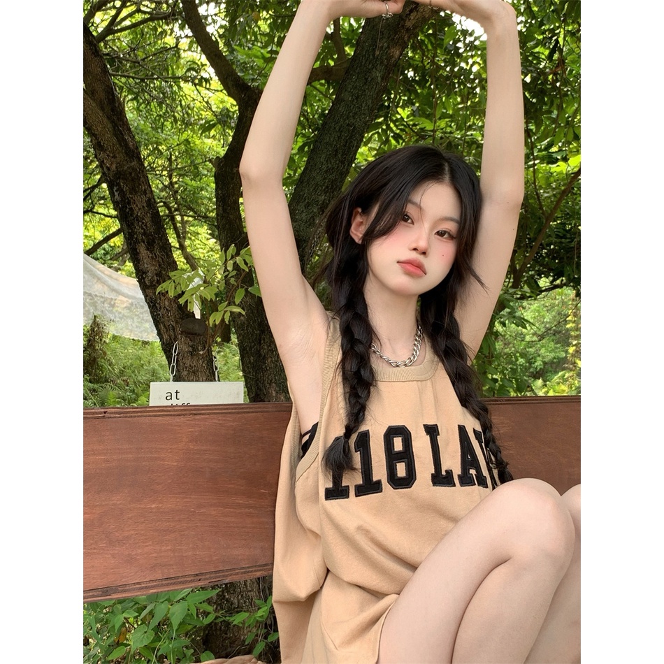 Áo Thun Sát Nách Dáng Rộng Thêu Họa Tiết Phong Cách Retro Mỹ Thời Trang Cho Nữ