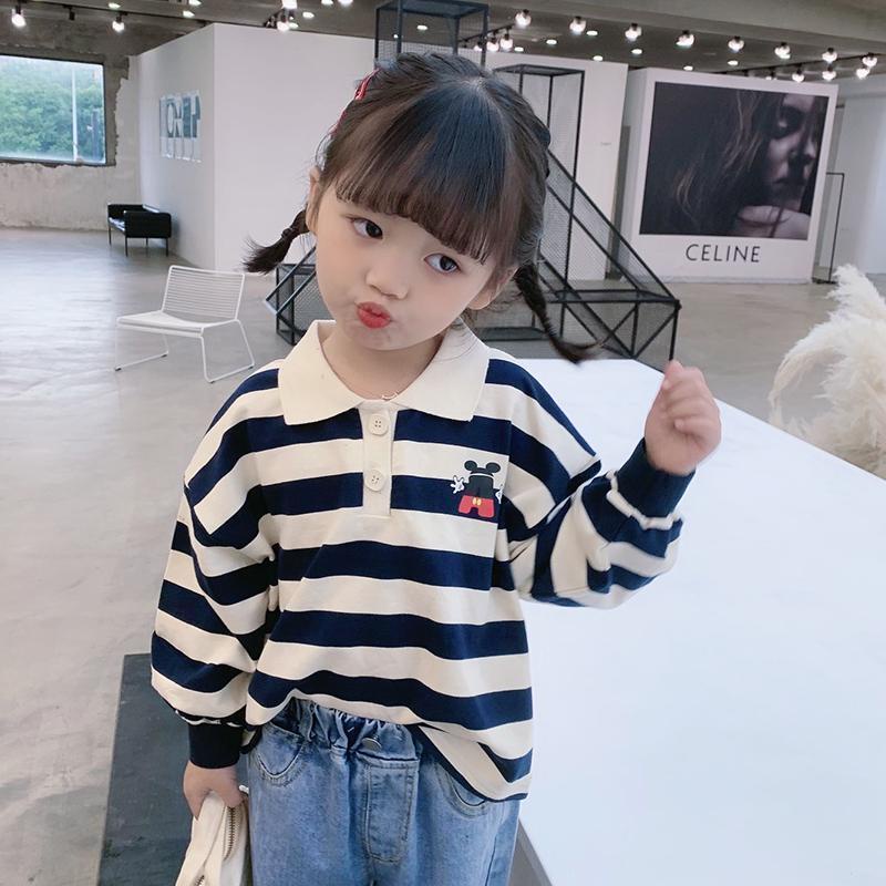 Áo thun Polo dài tay họa tiết kẻ sọc thời trang thu đông cho bé gái