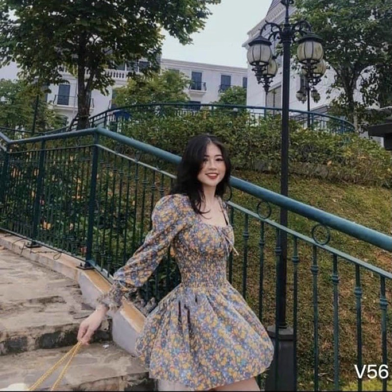 [Mã SKAMA06 giảm 8% tối đa 50K đơn 250K] VÁY CHUN EO XANH VÀNG HOA NHÍ CỔ VUÔNG | BigBuy360 - bigbuy360.vn