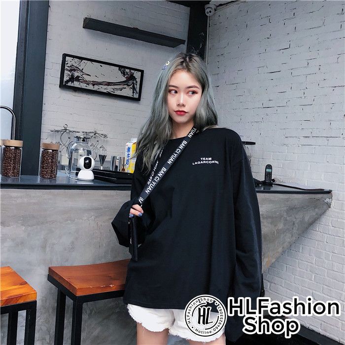 Áo thun tay dài form rộng unisex thêu chữ Team La Garconne, áo dài tay nam nữ tay phồng HLFashion