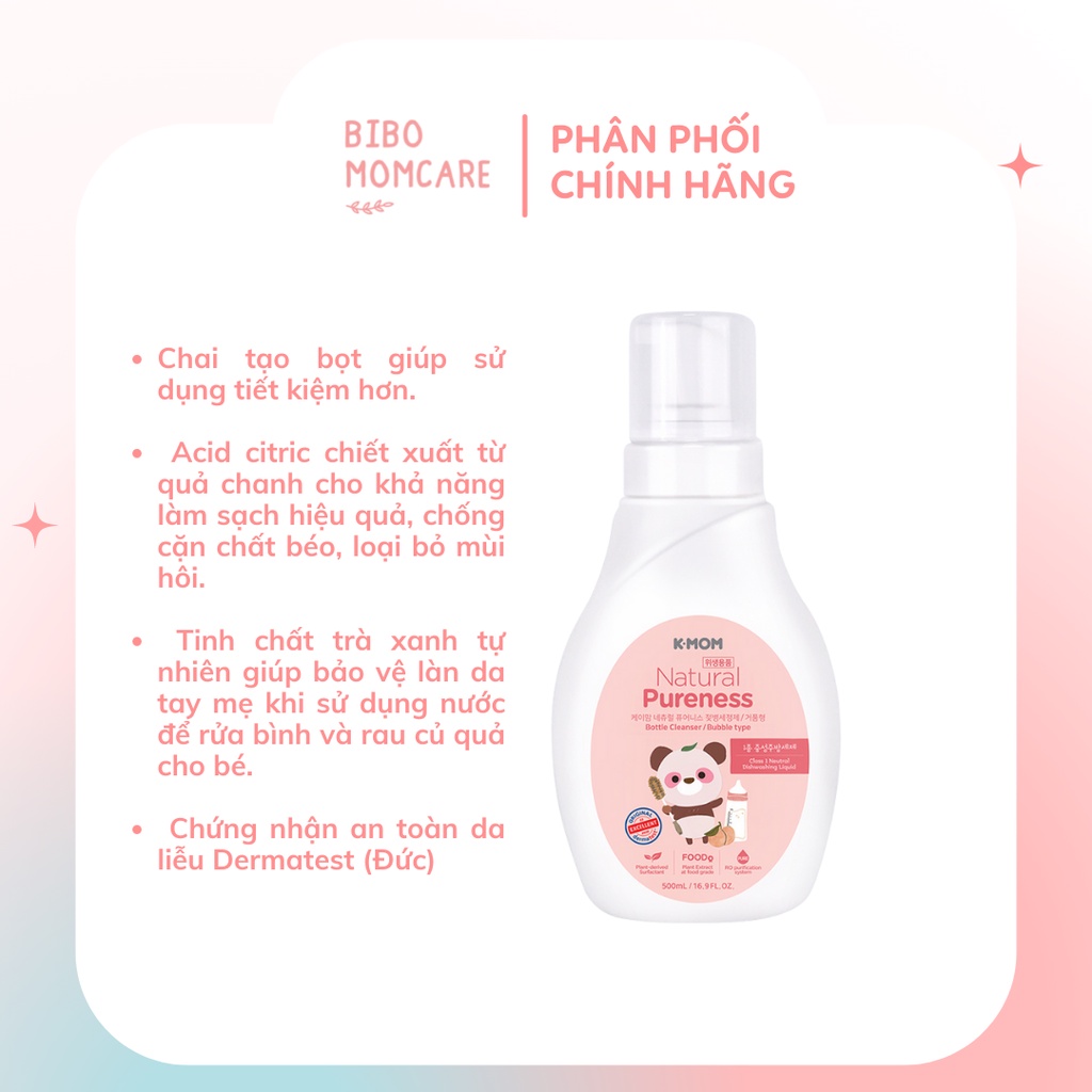 Nước Rửa Bình và Rau Quả Hữu Cơ Tinh chất Trà xanh K-mom Hàn Quốc Dạng Chai Tạo bọt Tiết kiệm 500ml