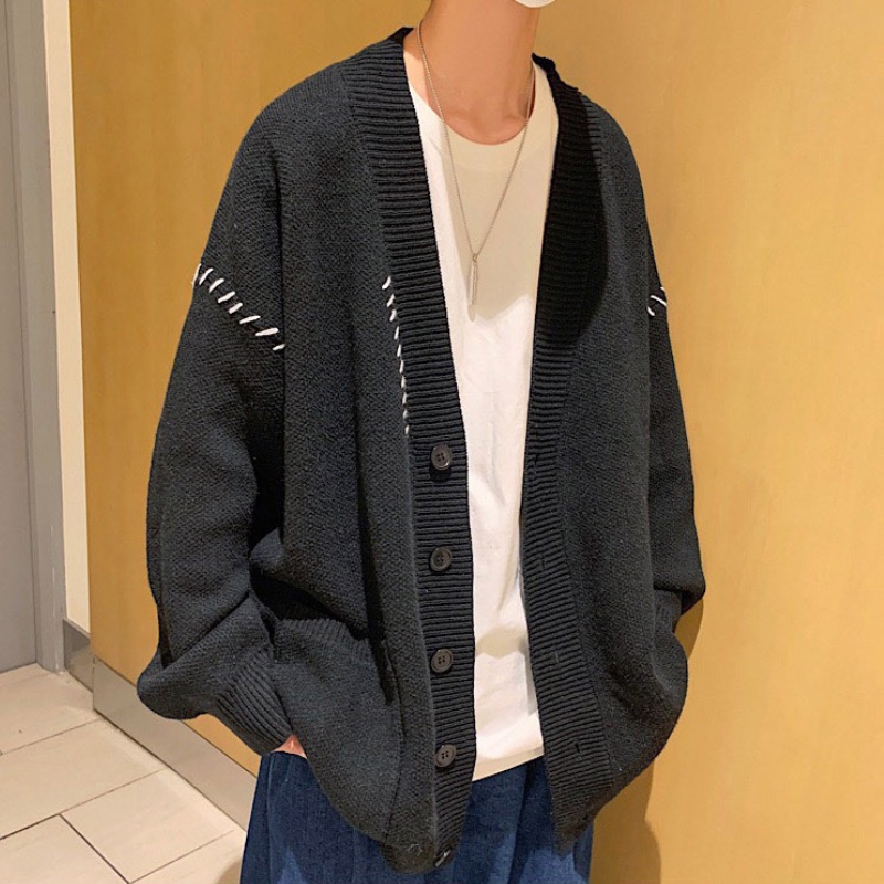 Áo khoác cardigan nam tay dài cổ chữ V màu đen phong cách Harajuku Hàn Quốc