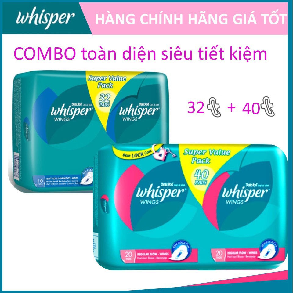 COMBO Toàn diện 2 gói băng vệ sinh Whisper Cánh dày Ngày 40s+ Đêm 32s