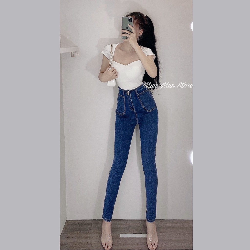Quần jean nữ Lưng cao [𝐅𝐫𝐞𝐞 𝐒𝐡𝐢𝐩] munmunstore dáng ôm túi vuông sang trọng - tôn dáng - chất mềm mại co giãn thoải mái