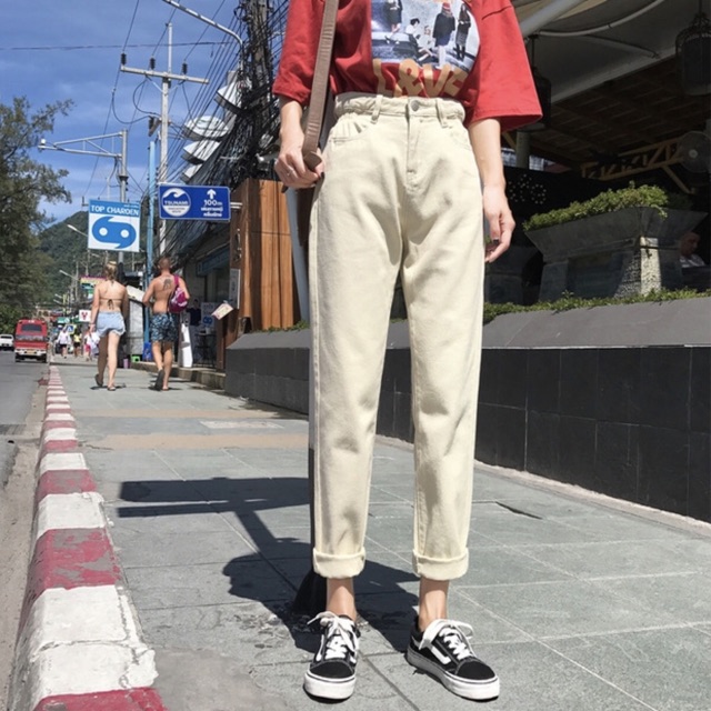 Quần baggy jean nhún eo. 2 màu đen - kem