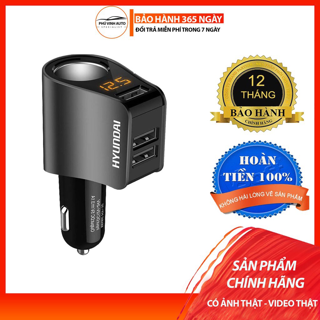 Tẩu Sạc Nhanh ô tô, xe hơi Hyundai🍀HÀNG CHÍNH HÃNG 🍀 1 Tẩu Tròn (3 USB Nhỏ) - Có đèn led báo điện áp ac quy