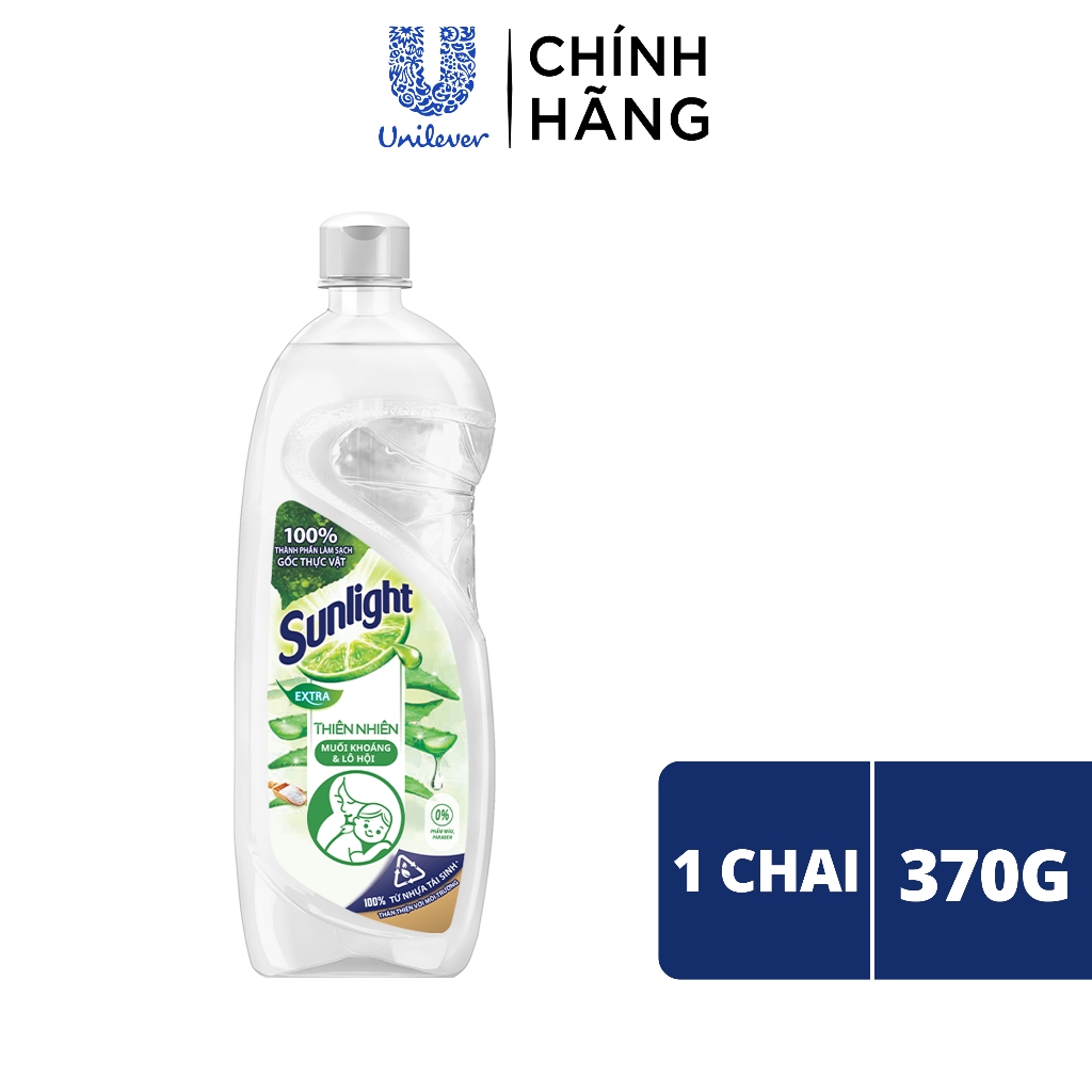 Nước rửa chén Sunlight Thiên nhiên Muối khoáng Lô hội 100% Gốc thực vật Chai 370g