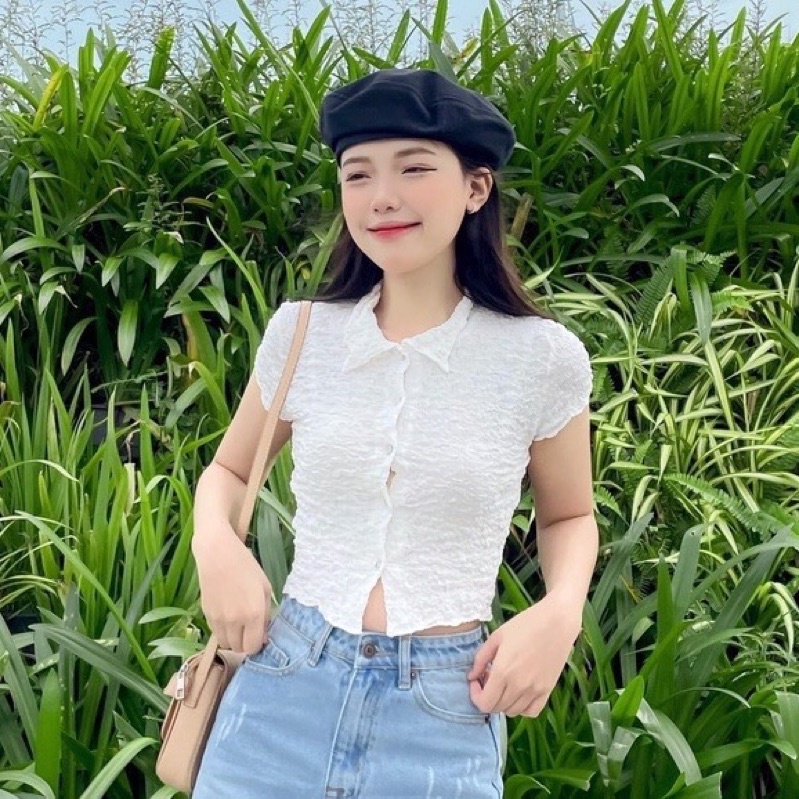 Áo croptop polo cài nút chất nhăn co giãn mát form xinh