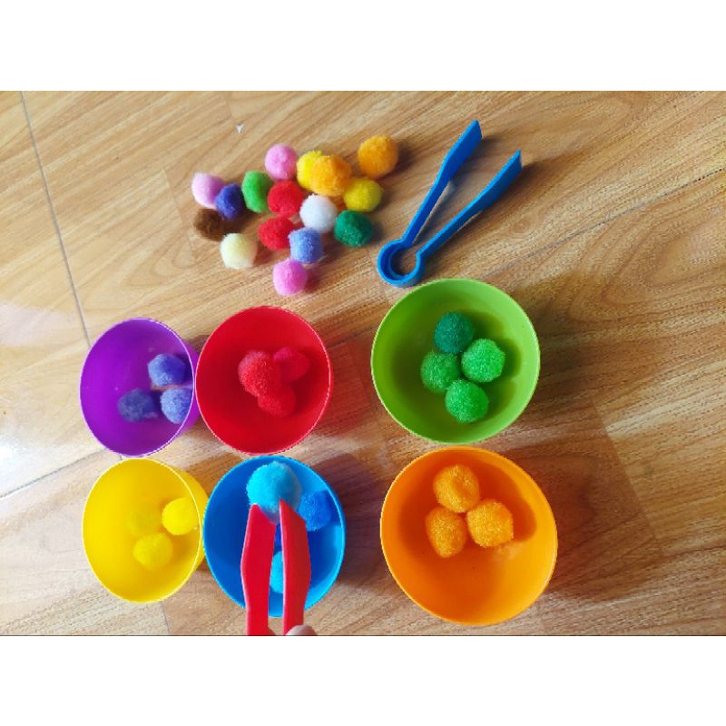 Combo sét bát màu và túi 100 hạt pompom đủ cỡ