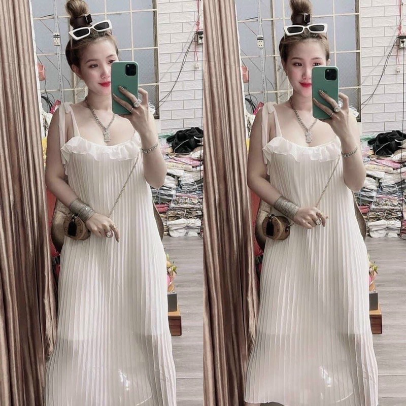 MAXI BÈO XẾP LY 2 DÂY FORM RỘNG XUÔNG DẬP LY SUÔNG FREESIZE ĐẦM BẦU | BigBuy360 - bigbuy360.vn