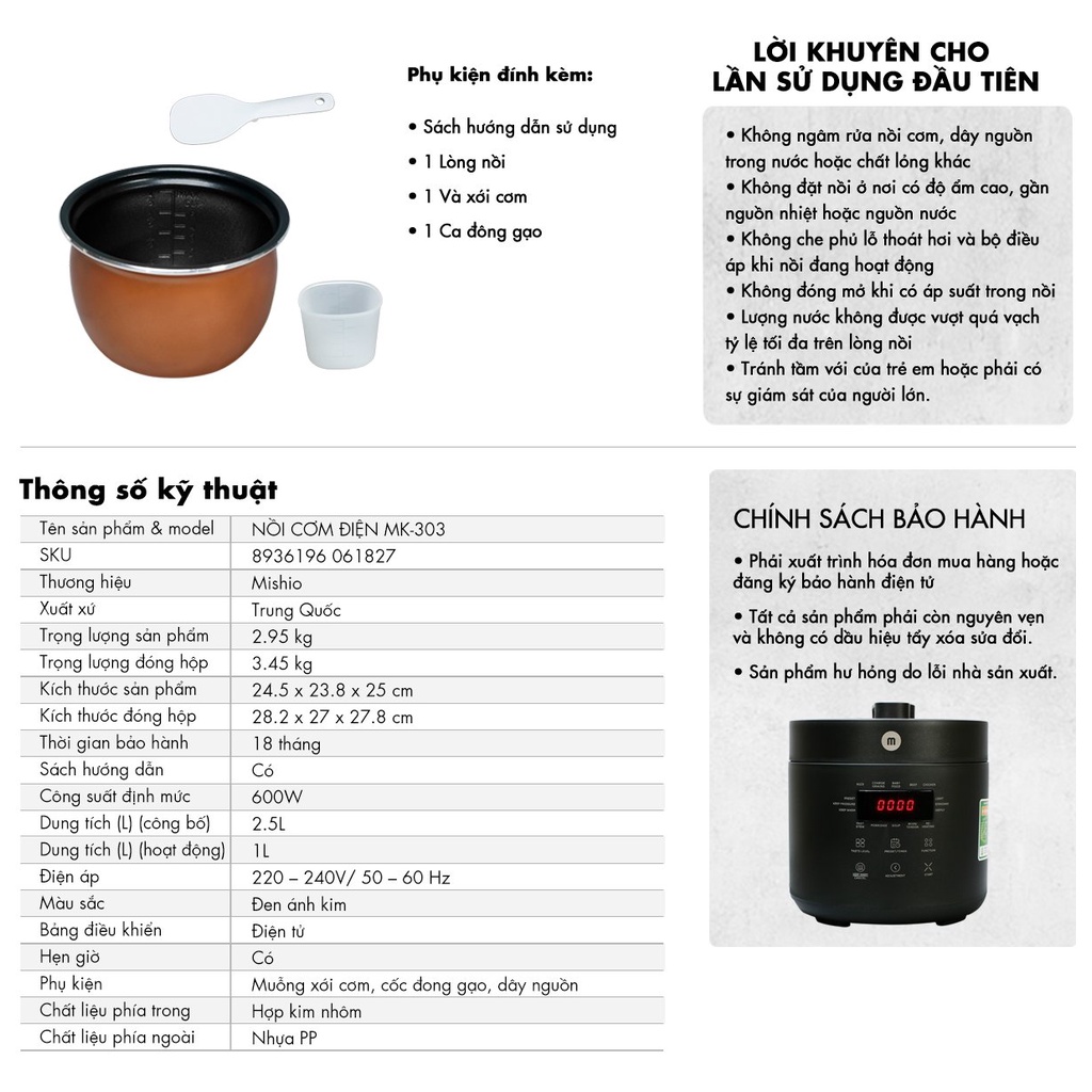 Nồi Cơm Áp Suất Mishio MK303 1 Lít - Bảo hành Chính Hãng 18 tháng