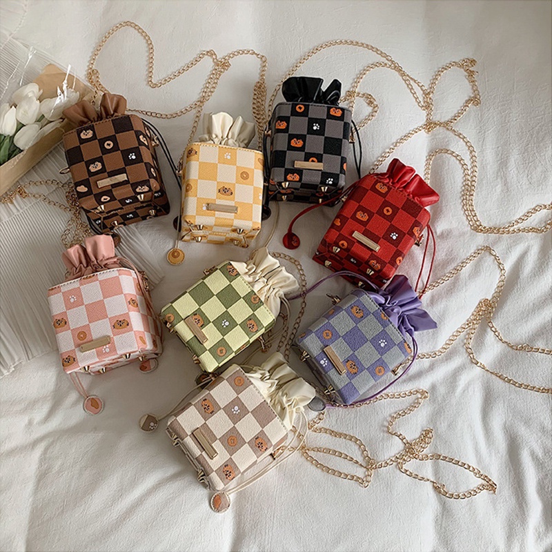 Túi rút dây IELGY mini họa tiết kẻ ô dành cho nữ