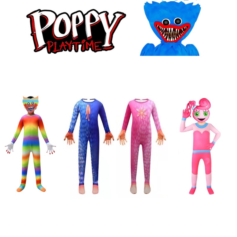 Kids Poppy Playtime character 3 Mommy Huggy Wuggy Cosplay Costume Jumpsuit Mask Halloween Suit gift