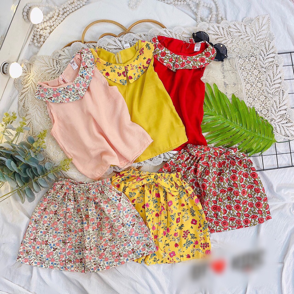 Bộ Áo Váy Cổ Tròn Hoa Nhí Quần Xòe Cho Bé Đón Tết Gái Chất Vải Đũi Ít Nhăn Đủ Size Từ 8-18Kg VNXK Nhật-Hàn