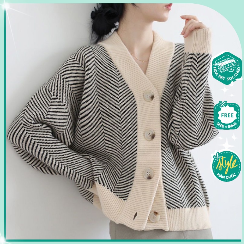 Áo Len Cardigan Phong Cách Hàn Quốc Ulzzang Kẻ Sọc Chéo Cổ V Dáng Dài From Rộng