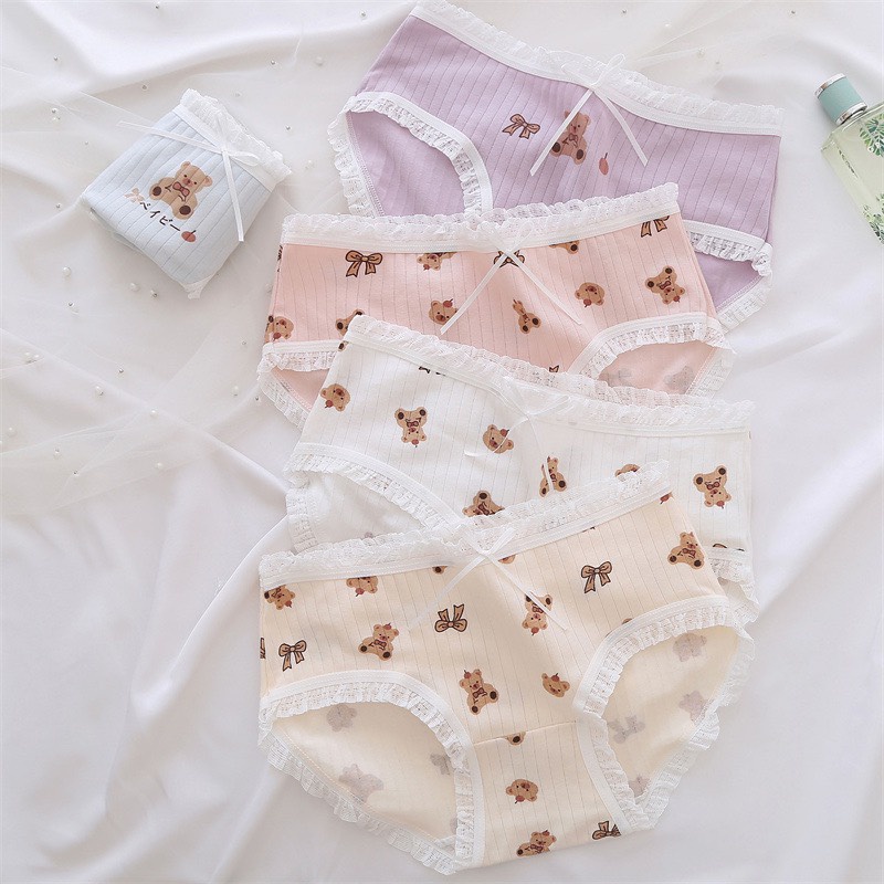 Quần Lót Nữ Cotton Tăm Viền Ren Họa Tiết Gấu Nhỏ Siêu Cute 068