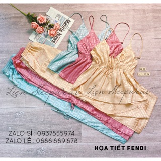 Bộ ngủ lụa gấm 2 dây xẻ hông họa tiết Fendi