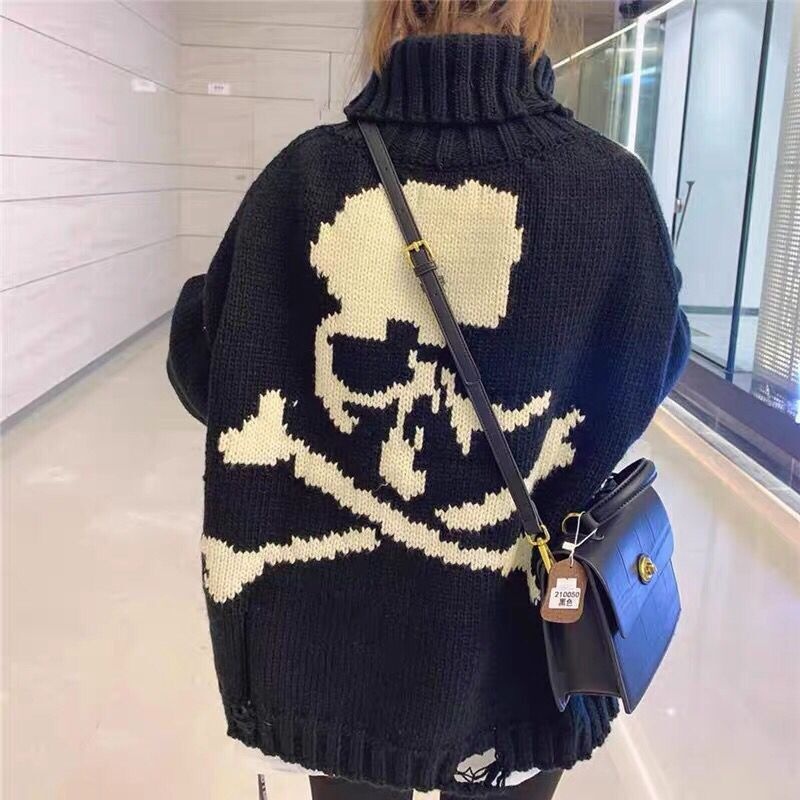 Áo sweater tay dài cổ tròn in họa tiết đầu lâu phong cách Harajuku thời trang cho nam và nữ