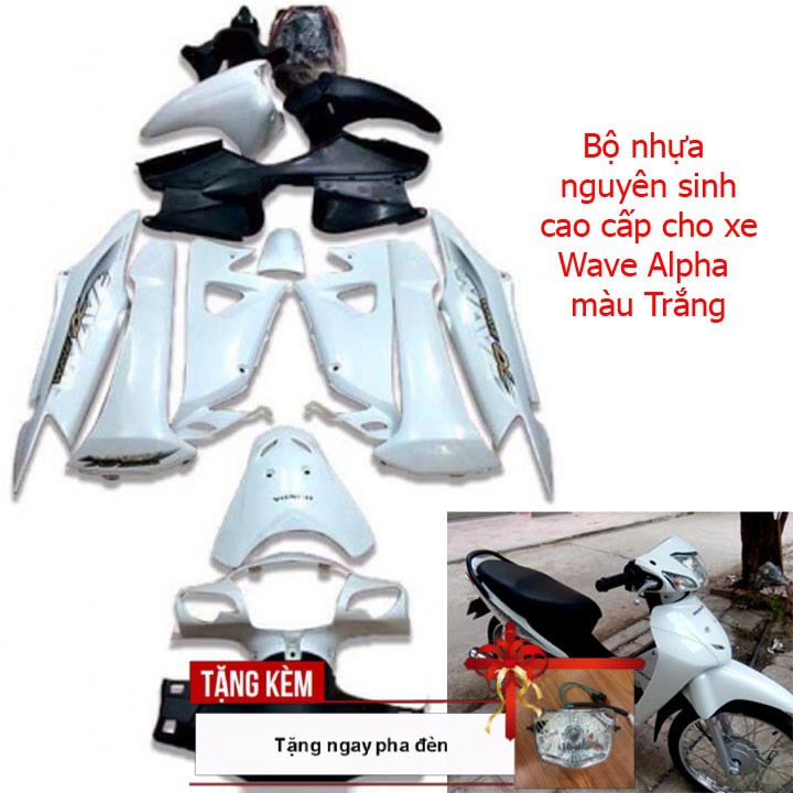 Dàn áo Loại Phanh Cơ - Ổ Khoá Tròn  nhựa ABS màu Trắng xe Wave RS - Wave alpha 100 đời 2006 đến 2016 -Tặng kèm pha đèn