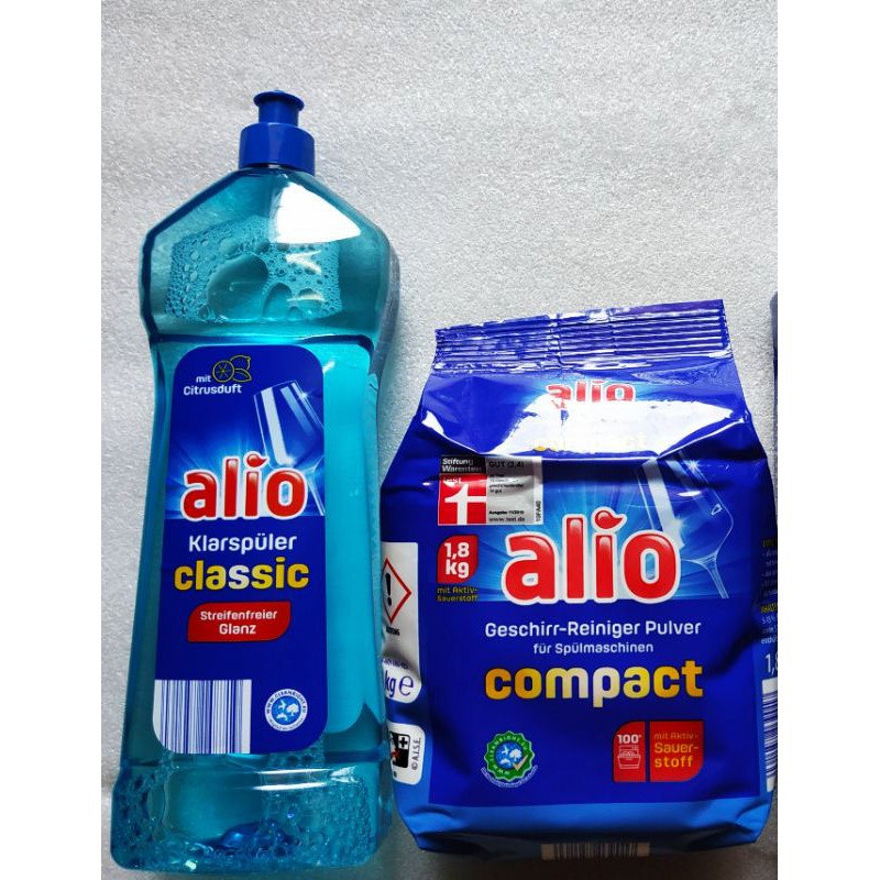 Combo Alio: Bột rửa Alio 1,8kg + Bóng Alio 1lít + chai vệ sinh Máy rửa bát Finish