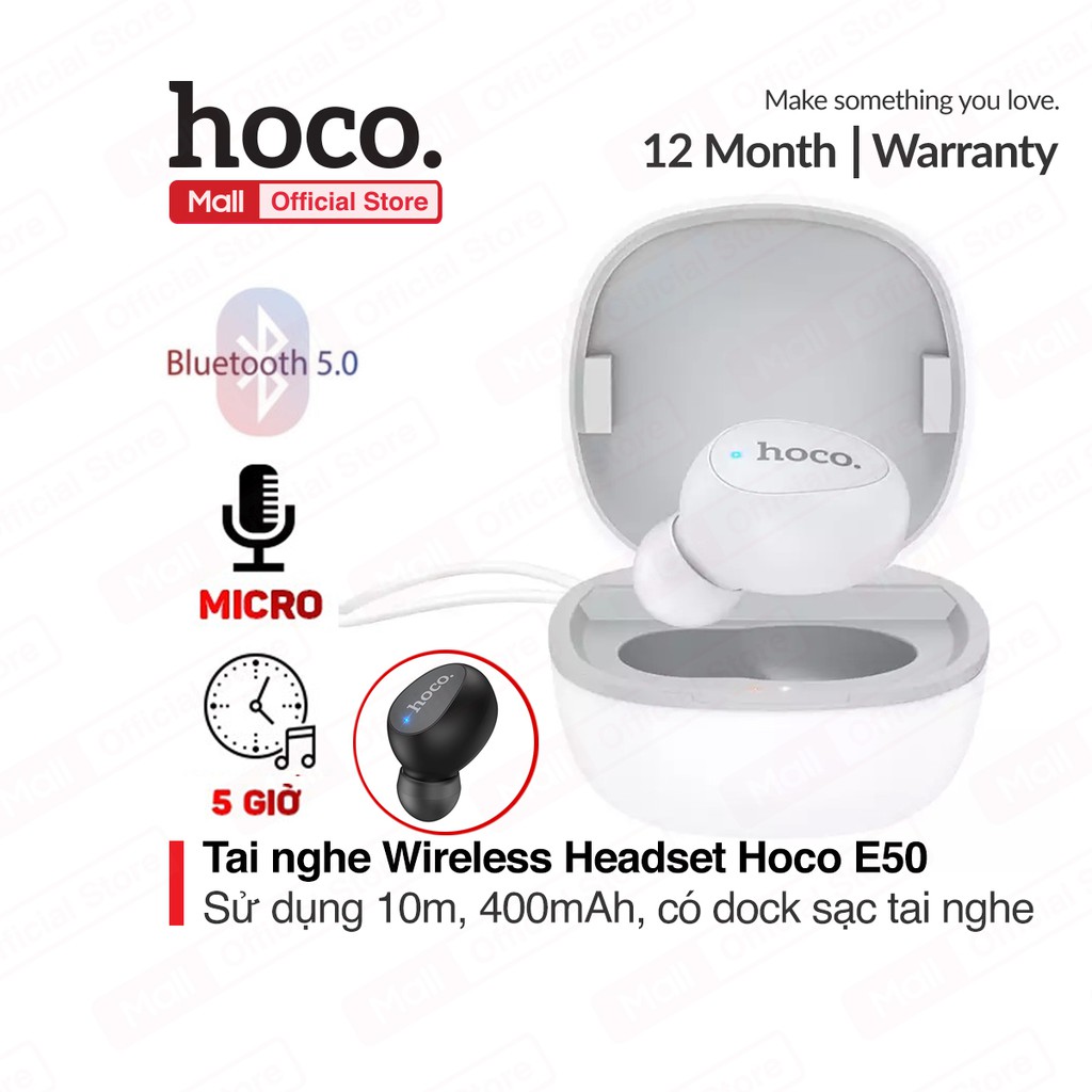 Tai nghe Wireless Headset Hoco E50 dung lượng 400mAh ( gồm cả dock sạc ) bluetooth 5.0, sử dụng liên tục 5 giờ