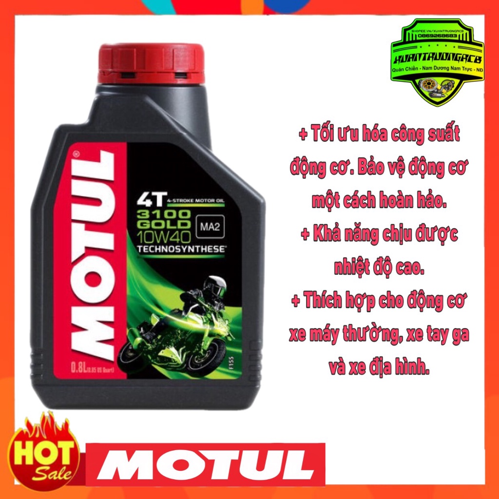 Nhớt Motul 3100 GOLD 10W40 0.8 L+ Dầu nhớt bán tổng hợp+ API SM, JASO MA2+ Độ nhớt: 10W40 4T 800ml