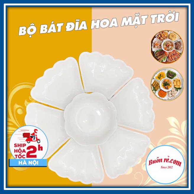 Bộ bát đĩa Hoa Mặt trời sứ cao cấp màu trắng sang trọng - Set bát đĩa hoa mặt trời đẹp thắp hương 01517