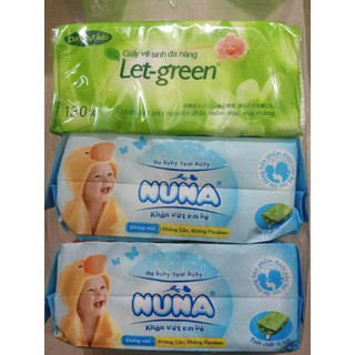 combo 2 gói khăn giấy ướt Nuna 100 tờ tặng GVS Let- green 15* 21cm/ tờ  ( 130 tờ  )