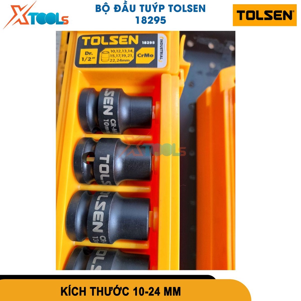 Bộ 10 đầu tuýp 1/2 Tolsen 18295 thép CrMo cao cấp xử lý nhiệt, chuyên dụng cho vặn siết bulong nặng