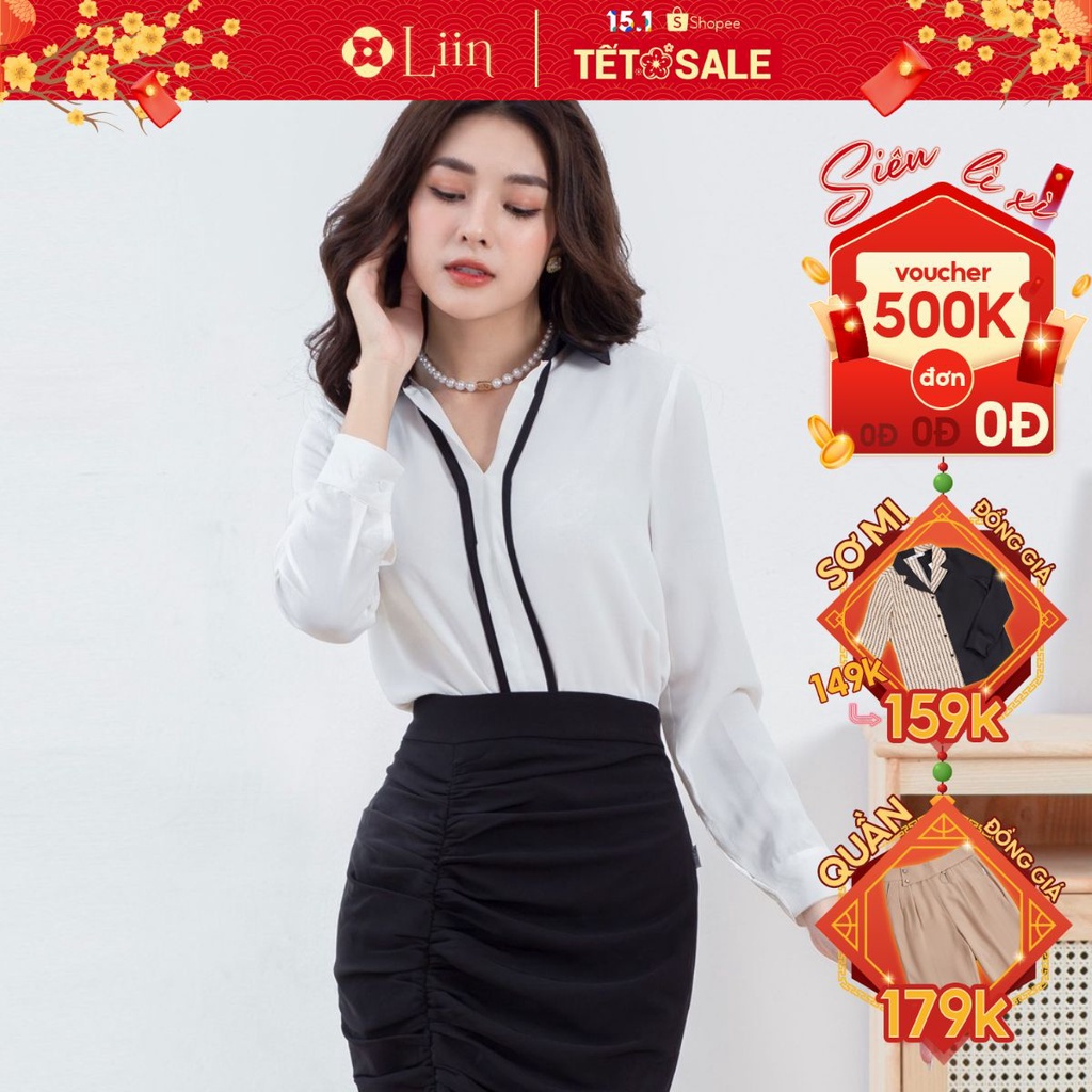 Áo sơ mi trắng nữ Linbi dài tay, thiết kế cổ V xinh xắn Liin clothing SM3173