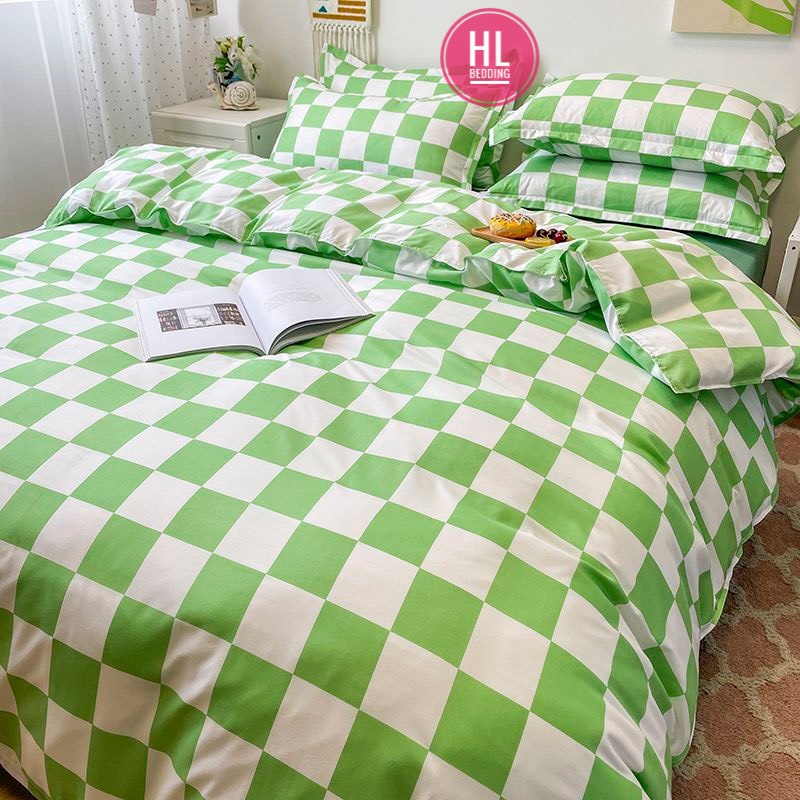 Bộ chăn ga Cotton Poly HL bedding chăn ga Hàn Quốc Bàn cờ vua caro ô vuông xanh lá trắng đủ size miễn phí bo chun
