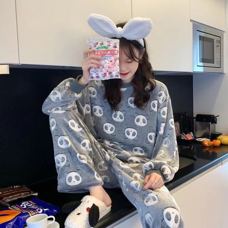 Bộ Ngủ Bông Dài Tay Hình Gấu, Đồ Ngủ Nữ, Chất Lông Mềm Mịn, Dày Dặn, Gấu Cute, Thêu, Dệt Hoạ Tiết, Hàng Quảng Châu | BigBuy360 - bigbuy360.vn