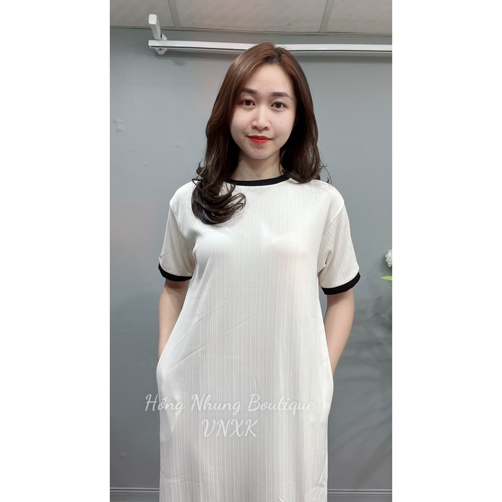 Váy Suông dài bigsize nữ , Váy cổ phối 3 màu Ghi, Đen, Kem