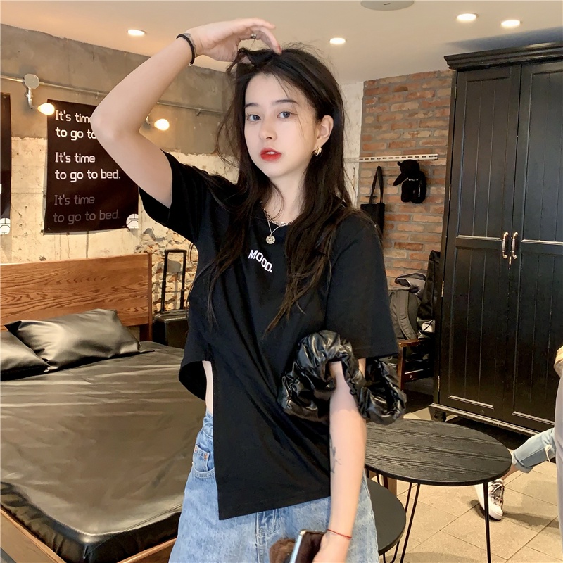 Áo Thun Tay Ngắn Cổ Tròn Thêu Họa Tiết Phong Cách Hàn Quốc Cho Nữ