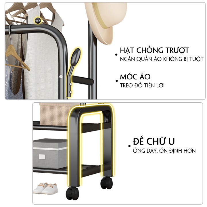 Giàn treo quần áo đôi thép đen 2 gian 2 tầng ngang 150CM bánh xe cao cấp, lượng lưu trữ lớn 2 tầng, đế chữ U chính hãng