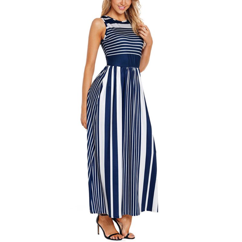 Đầm Maxi Dài Không Tay Cổ Tròn Họa Tiết Khối Màu Sắc Thời Trang Mùa Hè Cho Nữ