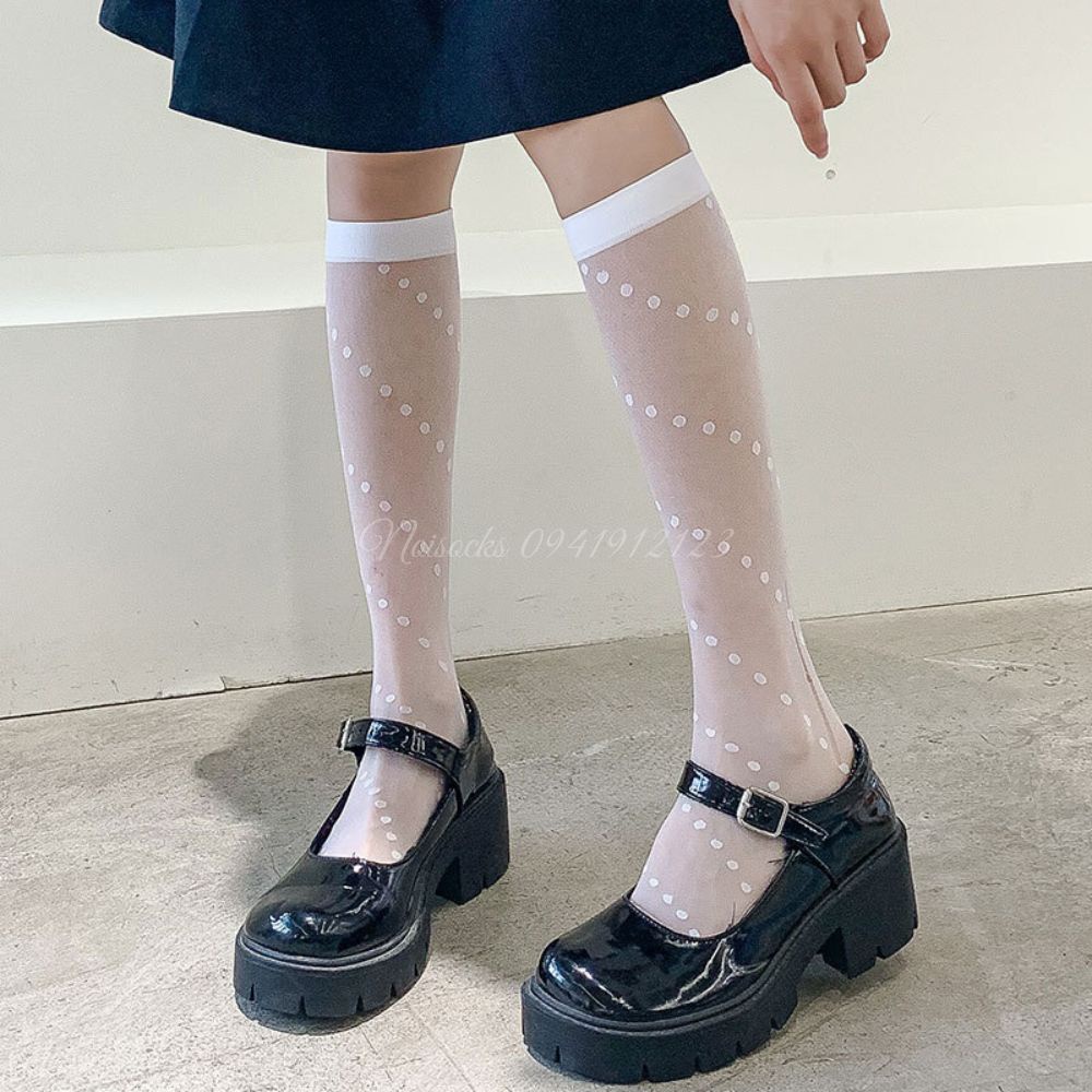 [Sỉ lẻ] Tất, vớ mỏng tới bắp chân thêu họa tiết Chấm Bi Leo, phong cách lolita, vô cùng dễ thương, sành điệu và cá tính