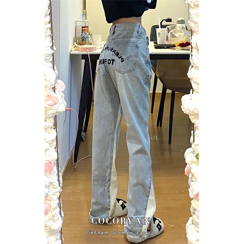 Cocory vn Quần Jeans Nữ Lưng Cao Thêu Chữ Thời Trang