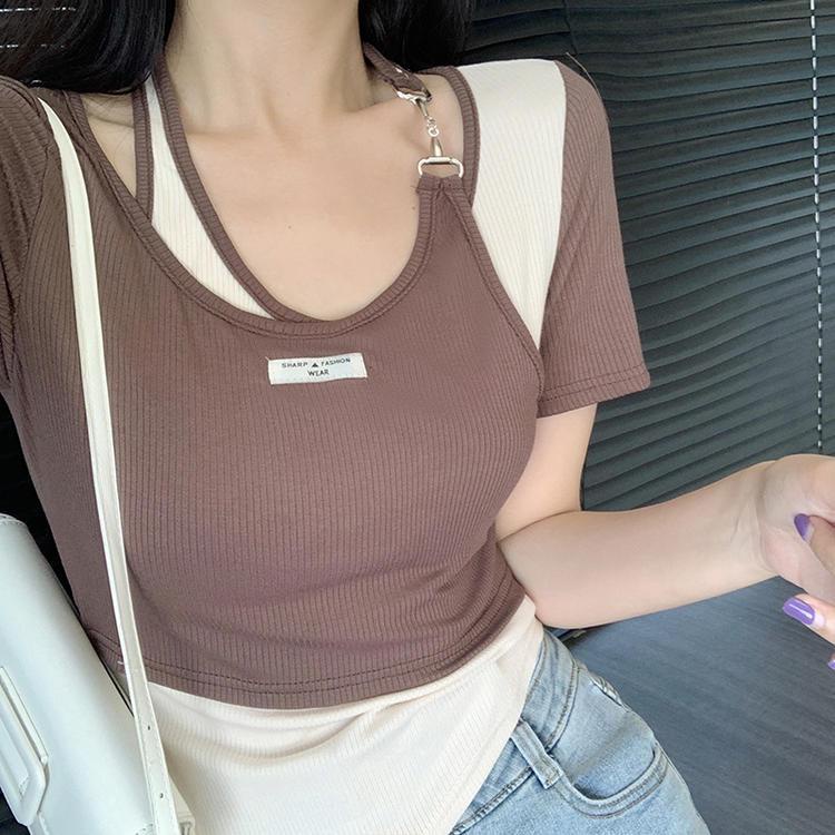 Áo Thun Ngắn Tay Giả Hai Lớp Phong Cách Quyến Rũ Dành Cho Nữ